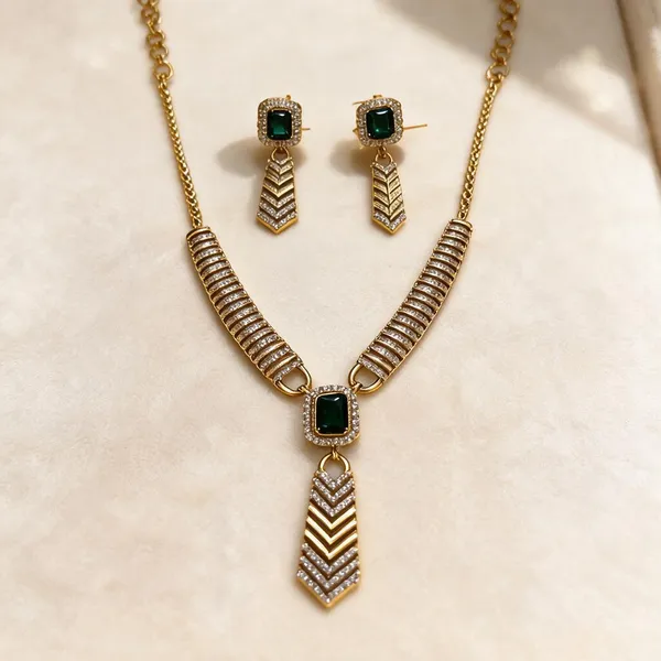 Gold_Plated_Brass_Green_Stone_Chevron_Drop_Necklace_And_Earrings_Set_For_Women