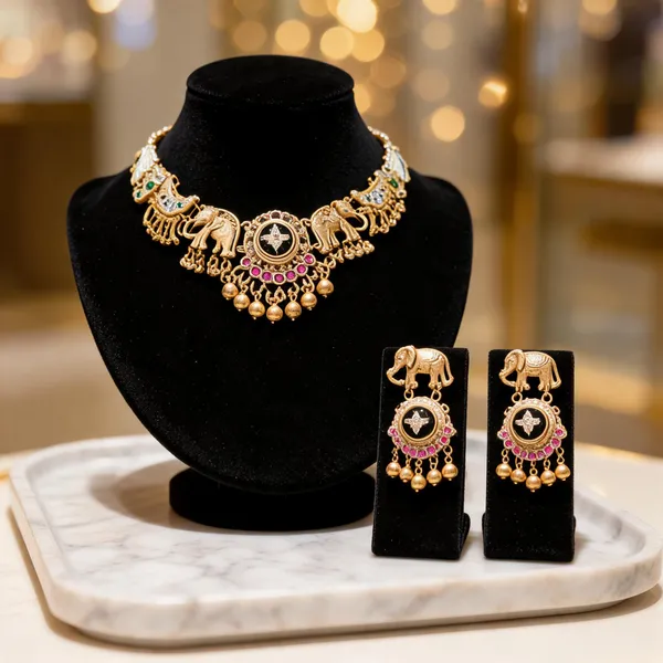 Gold_Plated_Brass_Ornate_Choker_Necklace_Set_With_Earrings_For_Women