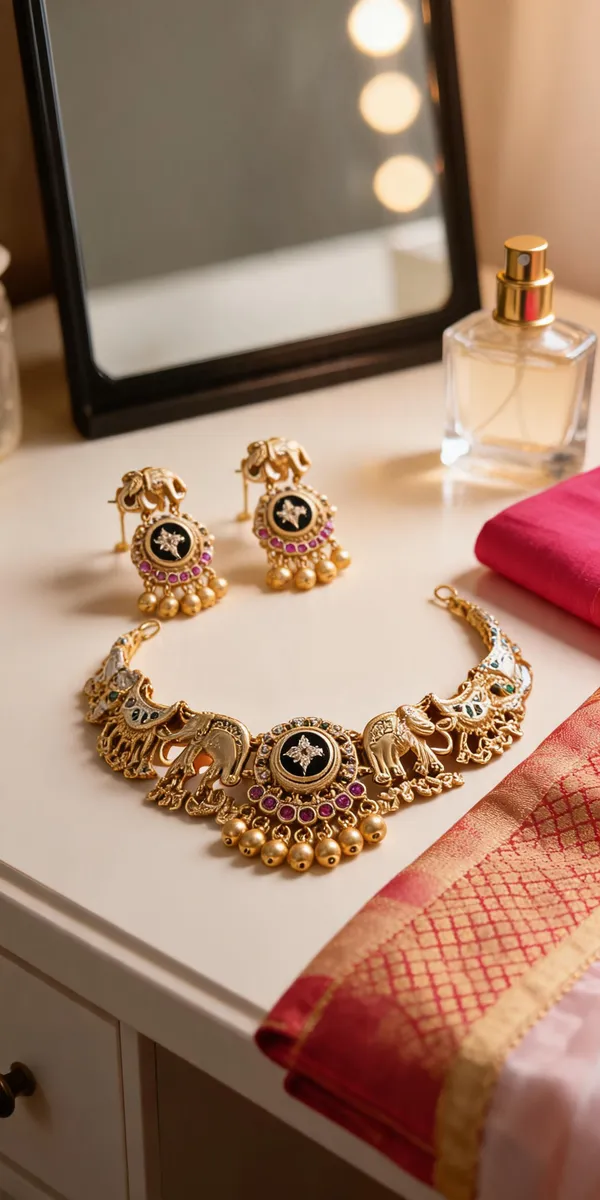 Gold_Plated_Brass_Ornate_Choker_Necklace_Set_With_Earrings_For_Women