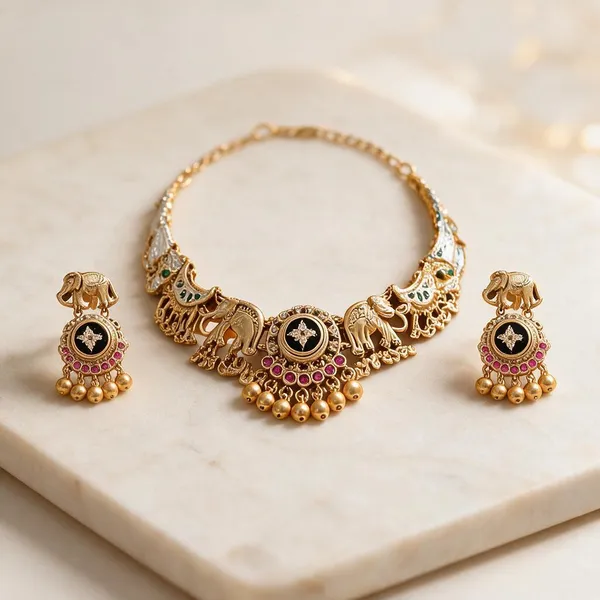 Gold_Plated_Brass_Ornate_Choker_Necklace_Set_With_Earrings_For_Women