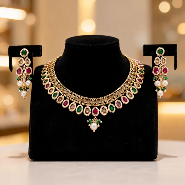 Gold_Plated_Teardrop_Stone_Traditional_Necklace_Set_For_Women
