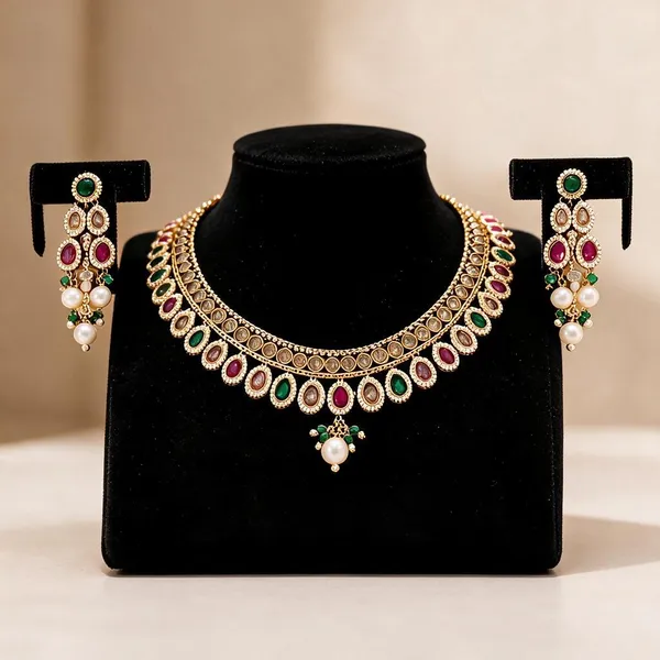 Gold_Plated_Teardrop_Stone_Traditional_Necklace_Set_For_Women