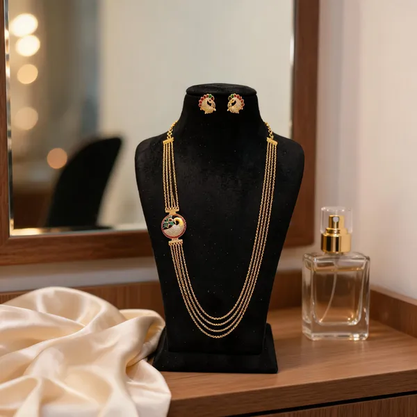 Gold_Plated_Peacock_Motif_Stone_Necklace_And_Earrings_Set_For_Women