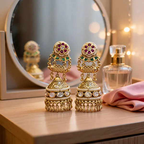 Gold_Plated_Brass_Stone_Embellished_Multi_Layer_Jhumka_Earrings_For_Women