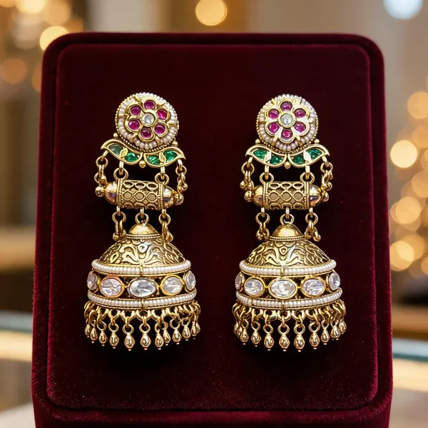 Gold_Plated_Brass_Stone_Embellished_Multi_Layer_Jhumka_Earrings_For_Women