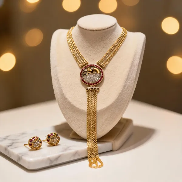 Gold_Plated_Brass_Long_Layered_Round_Pendant_Necklace_Set_For_Women