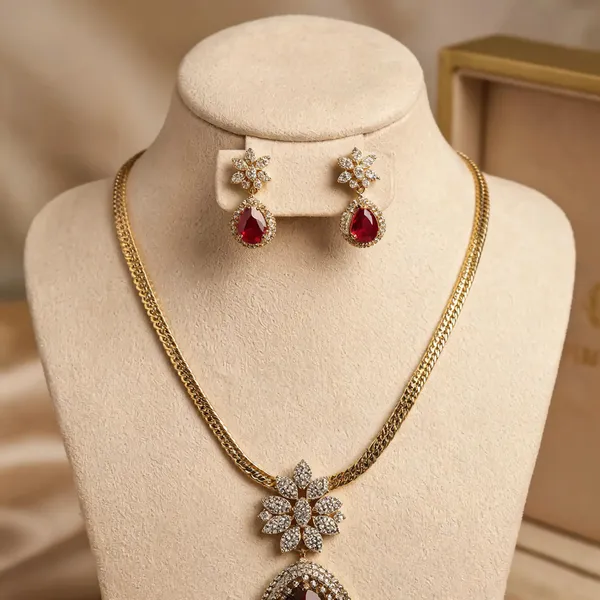 Gold_Plated_Floral_Stone_Pendant_Necklace_Set_For_Women