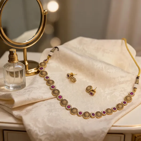 Gold_Plated_Brass_Floral_Linked_Pink_Accent_Necklace_Set_For_Women