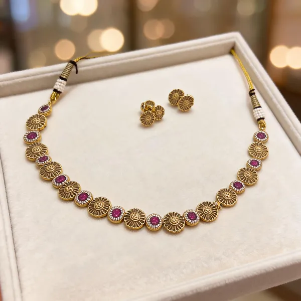 Gold_Plated_Brass_Floral_Linked_Pink_Accent_Necklace_Set_For_Women