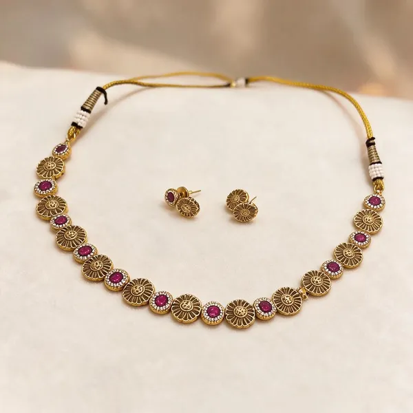 Gold_Plated_Brass_Floral_Linked_Pink_Accent_Necklace_Set_For_Women