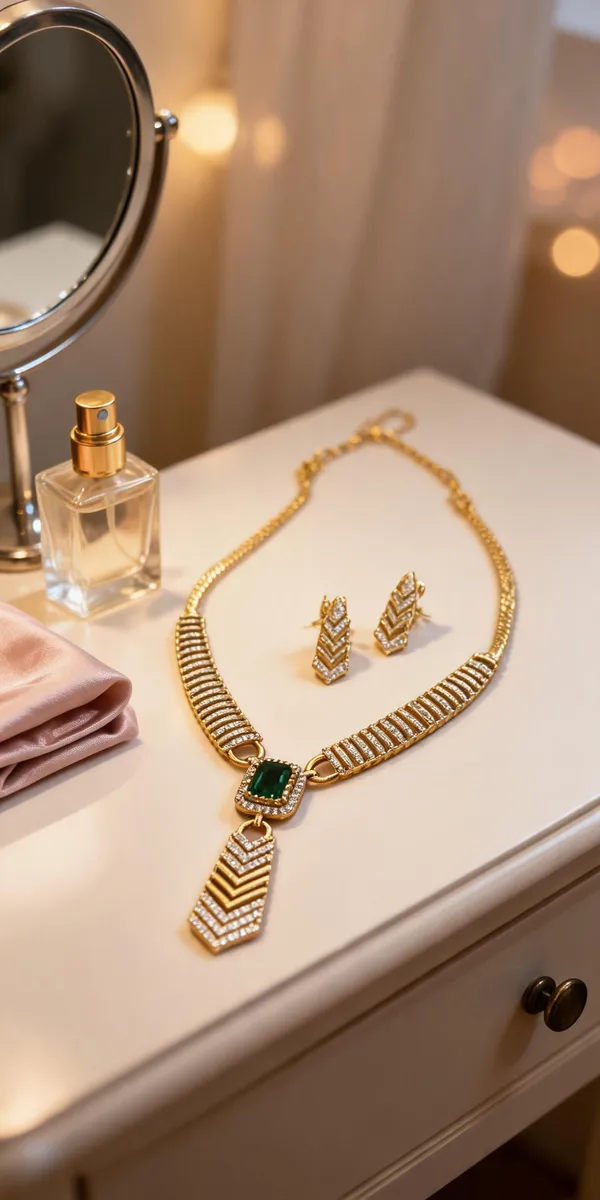 Gold_Plated_Brass_Green_Stone_Chevron_Pendant_Necklace_Set_For_Women