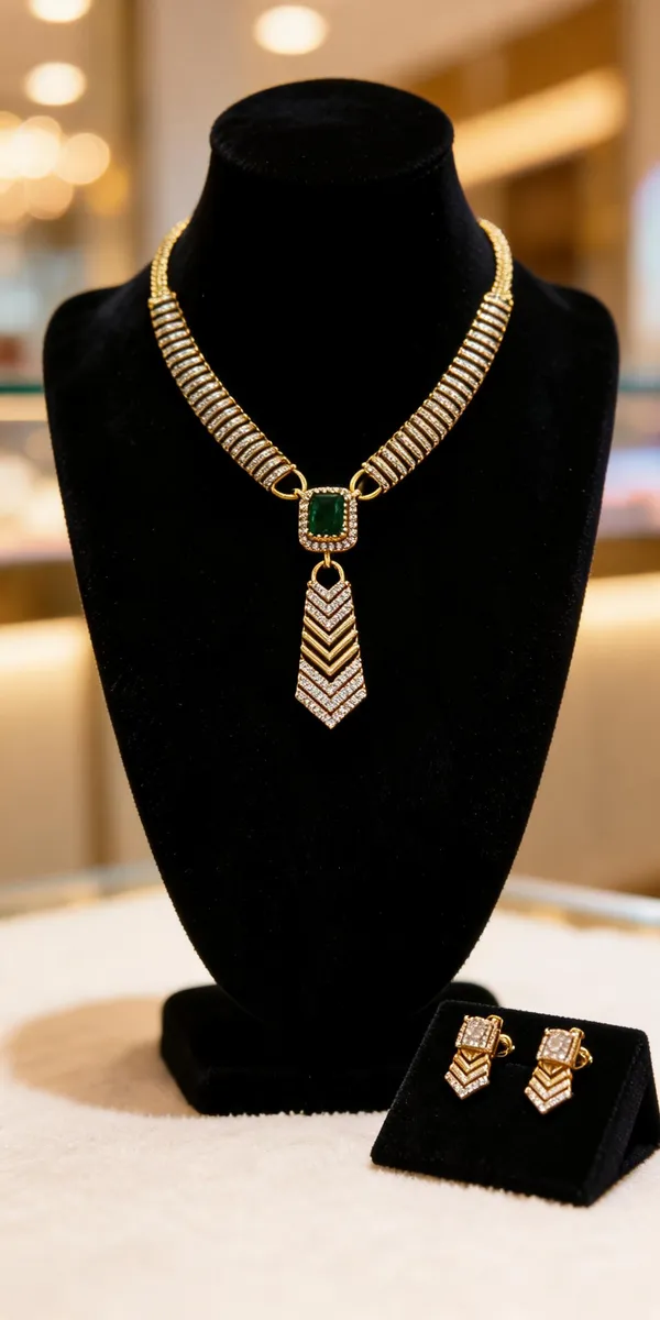 Gold_Plated_Brass_Green_Stone_Chevron_Pendant_Necklace_Set_For_Women