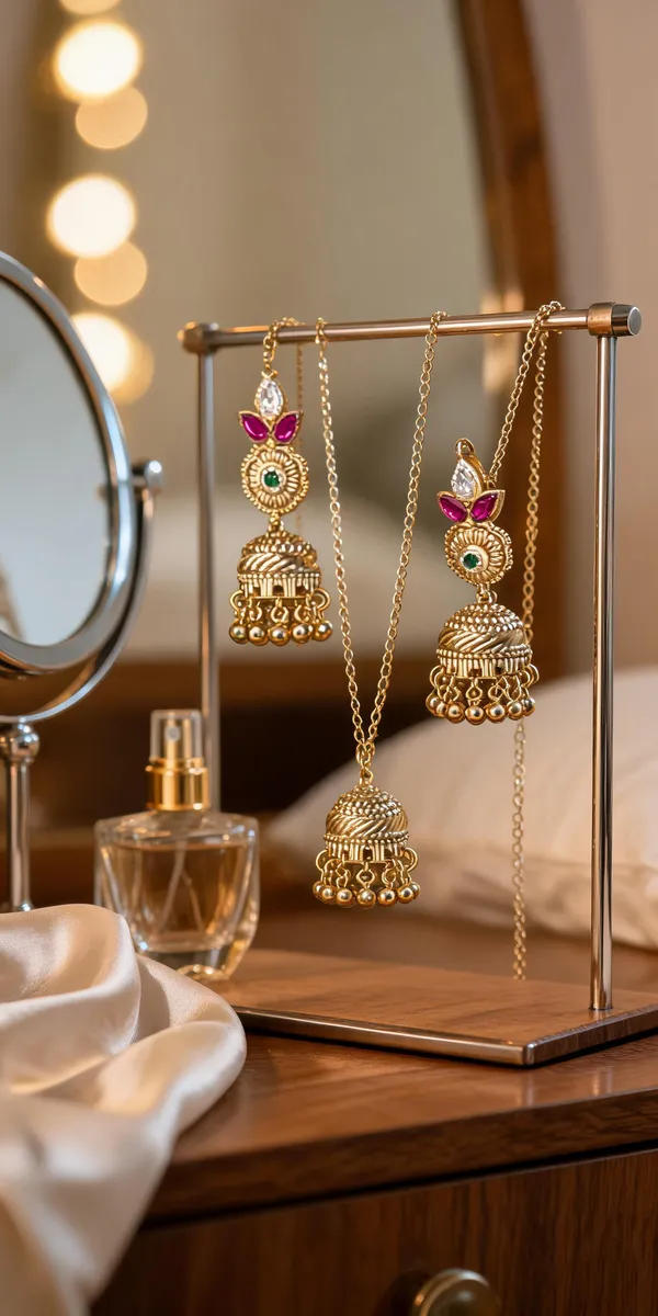 Gold_Plated_Brass_Floral_Magenta_Stone_Jhumka_Necklace_Set_For_Women