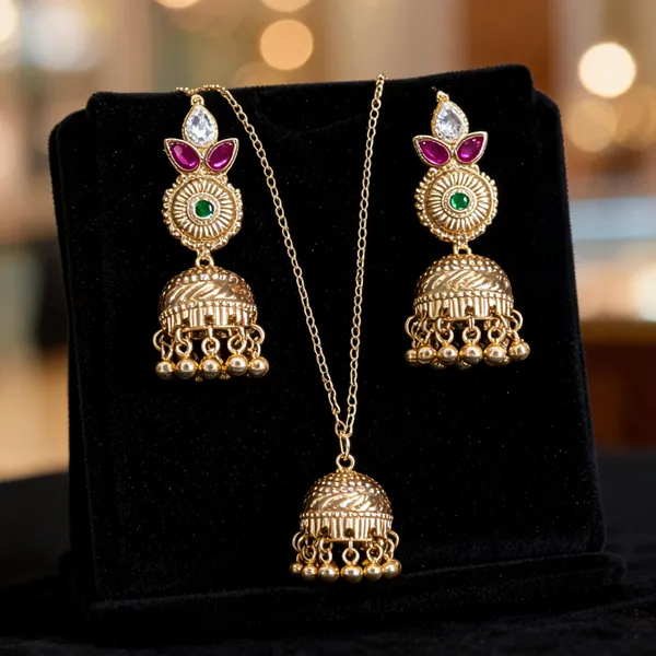 Gold_Plated_Brass_Floral_Magenta_Stone_Jhumka_Necklace_Set_For_Women