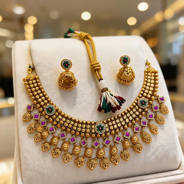 Gold_Plated_Brass_Temple_Jewellery_Stone_Accent_Necklace_Set_For_Women