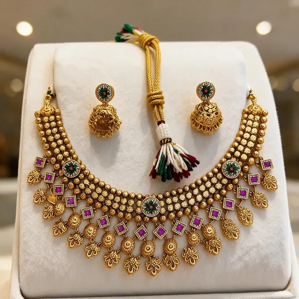 Gold_Plated_Brass_Temple_Jewellery_Stone_Accent_Necklace_Set_For_Women