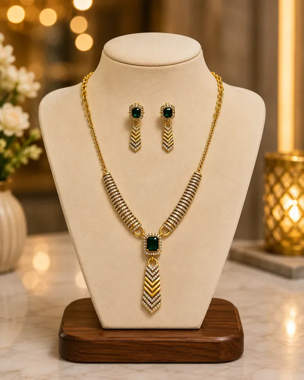 Gold_Plated_Brass_Green_Stone_Chevron_Drop_Necklace_And_Earrings_Set_For_Women
