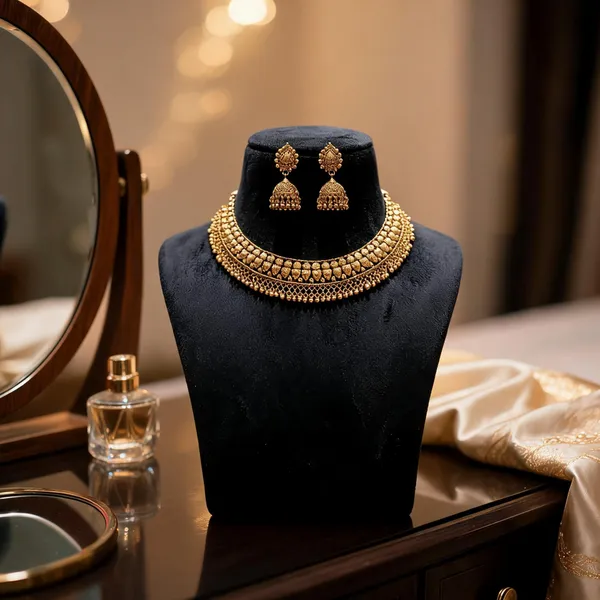 Gold_Plated_Brass_Layered_Collar_Necklace_And_Jhumka_Set_For_Women