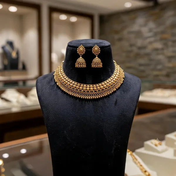 Gold_Plated_Brass_Layered_Collar_Necklace_And_Jhumka_Set_For_Women