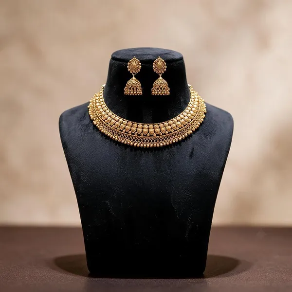 Gold_Plated_Brass_Layered_Collar_Necklace_And_Jhumka_Set_For_Women