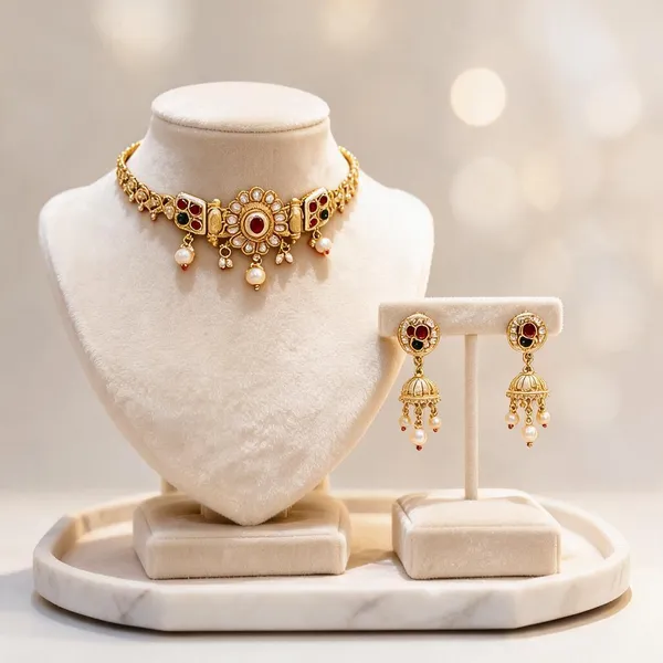 Gold_Plated_Brass_Kundan_Floral_Choker_Necklace_And_Earrings_Set_For_Women