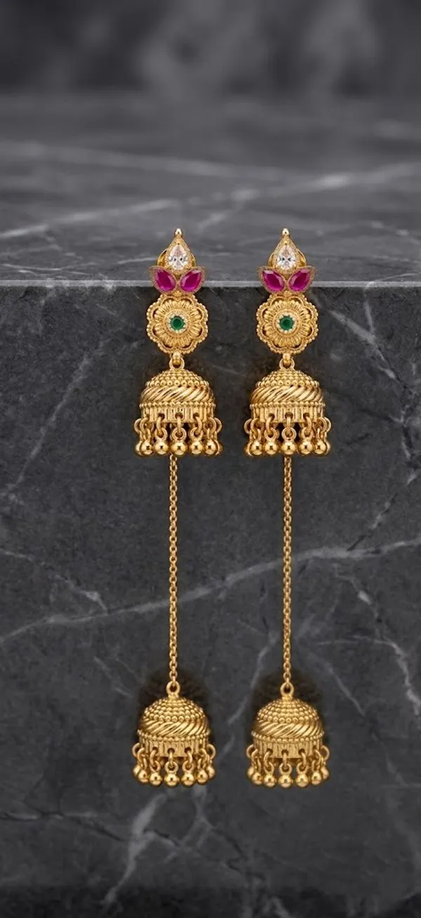 Gold_Plated_Brass_Floral_Magenta_Stone_Jhumka_Necklace_Set_For_Women
