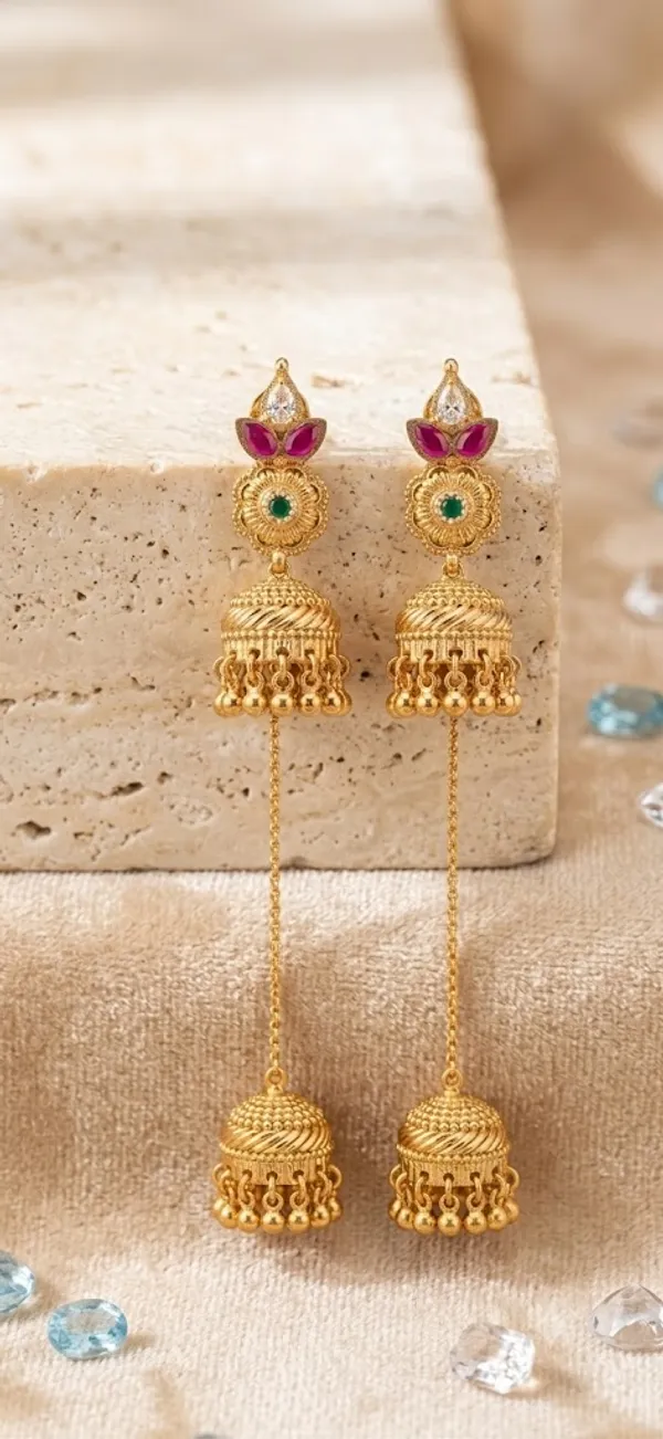 Gold_Plated_Brass_Floral_Magenta_Stone_Jhumka_Necklace_Set_For_Women