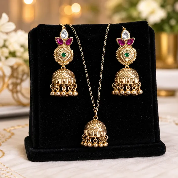Gold_Plated_Brass_Floral_Magenta_Stone_Jhumka_Necklace_Set_For_Women