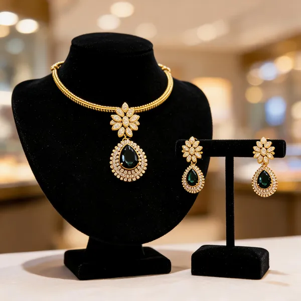 Gold_Plated_Brass_Floral_Black_Teardrop_Pendant_Necklace_Set_For_Women