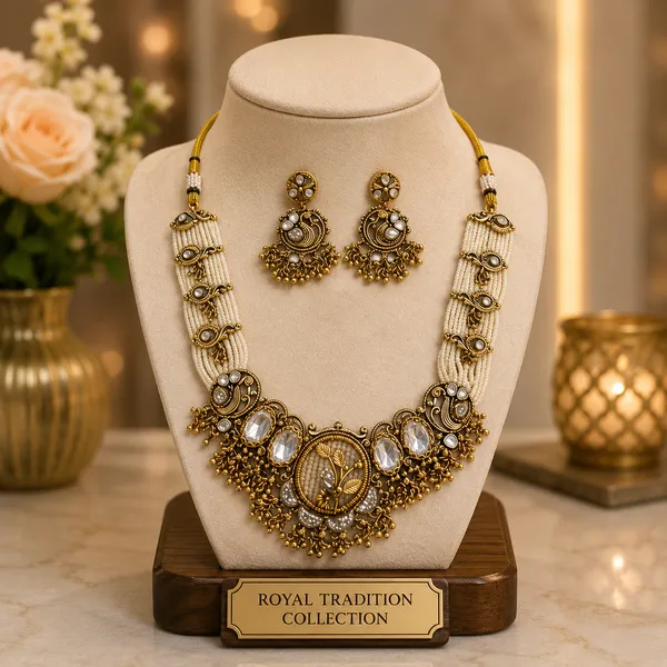 Gold_Plated_Brass_Stone_Accented_Traditional_Pendant_Necklace_Set_For_Women