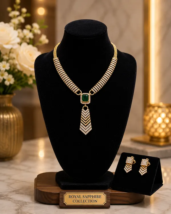 Gold_Plated_Brass_Green_Stone_Chevron_Pendant_Necklace_Set_For_Women