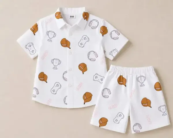 White_Printed_Shirt_And_Shorts_Set_For_Boys
