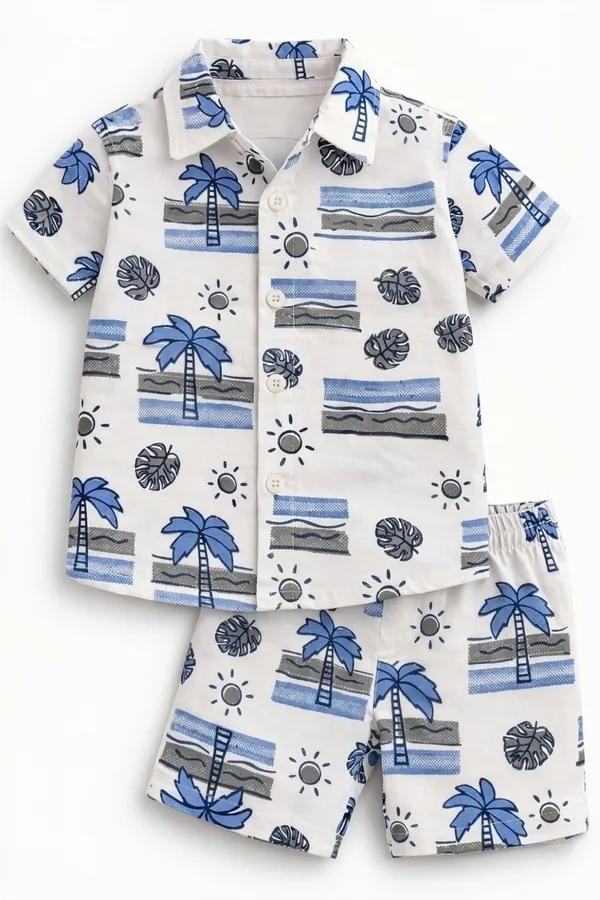 White_Printed_Casual_Shirt_Shorts_Set_for_Boys