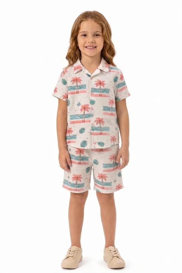 White_Palm_Print_Shirt_And_Shorts_Set_for_Boys