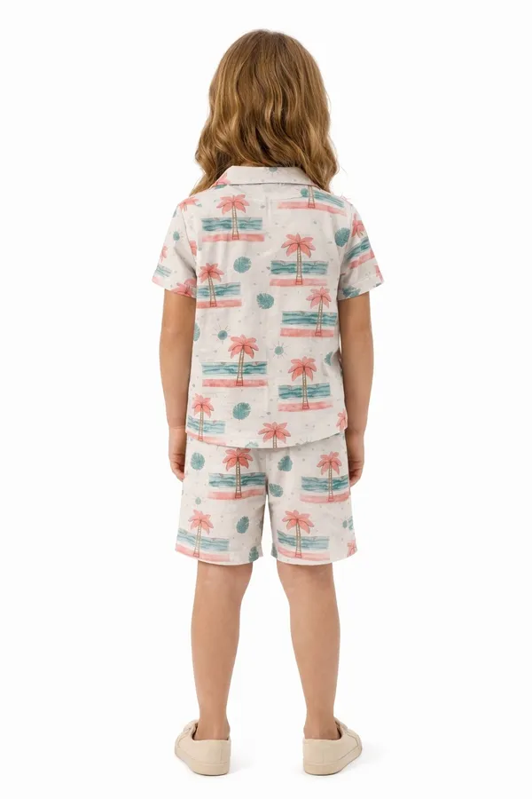 White_Palm_Print_Shirt_And_Shorts_Set_for_Boys