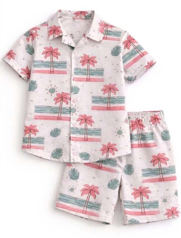 White_Palm_Print_Shirt_And_Shorts_Set_for_Boys
