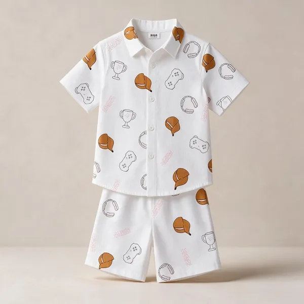 White_Printed_Shirt_And_Shorts_Set_For_Boys