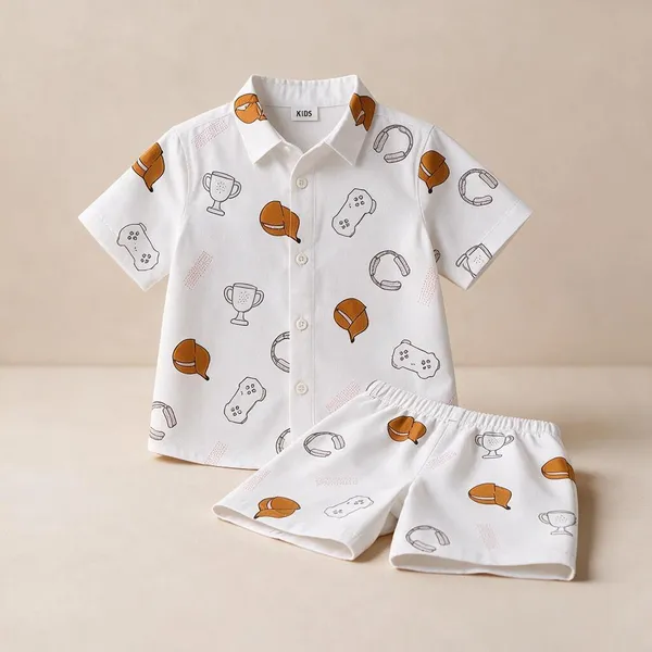 White_Printed_Shirt_And_Shorts_Set_For_Boys