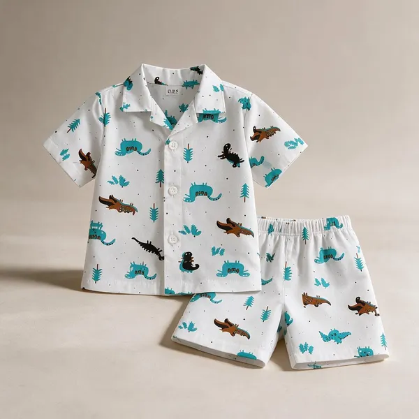 White_Printed_Shirt_And_Shorts_Set_For_Boys