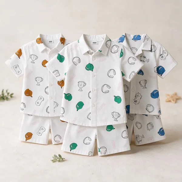 White_Printed_Shirt_And_Shorts_Set_For_Boys