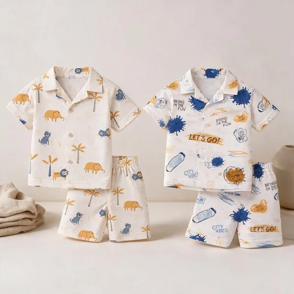 White_Printed_Shirt_And_Shorts_Set_For_Boys