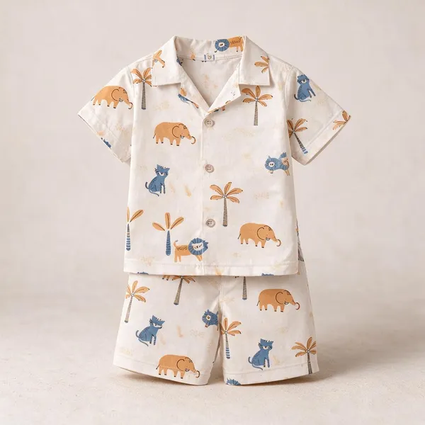 White_Printed_Casual_Shirt_And_Shorts_Set_For_Boys