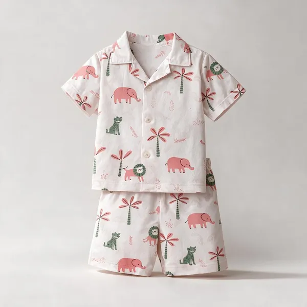 White_Printed_Short_Sleeve_Sleepwear_Set_for_Kids