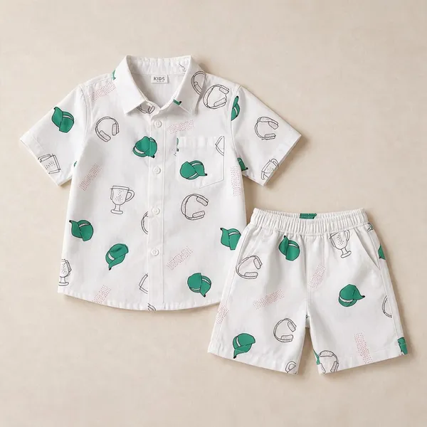 White_Printed_Shirt_And_Shorts_Set_For_Boys