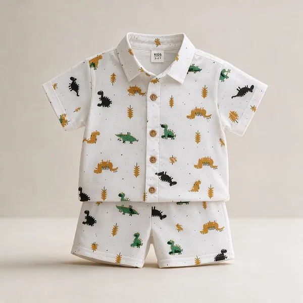 White_Dinosaur_Print_Shirt_And_Shorts_Set_for_Boys