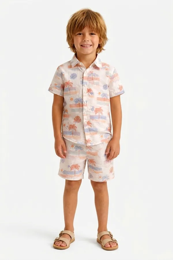 White_Printed_Shirt_And_Shorts_Set_For_Boys