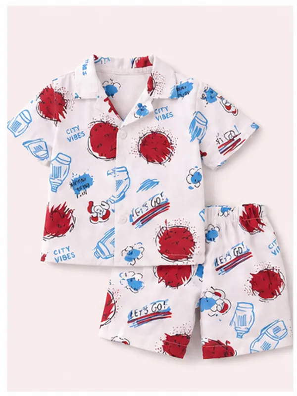White_Printed_Shirt_And_Shorts_Set_for_Boys