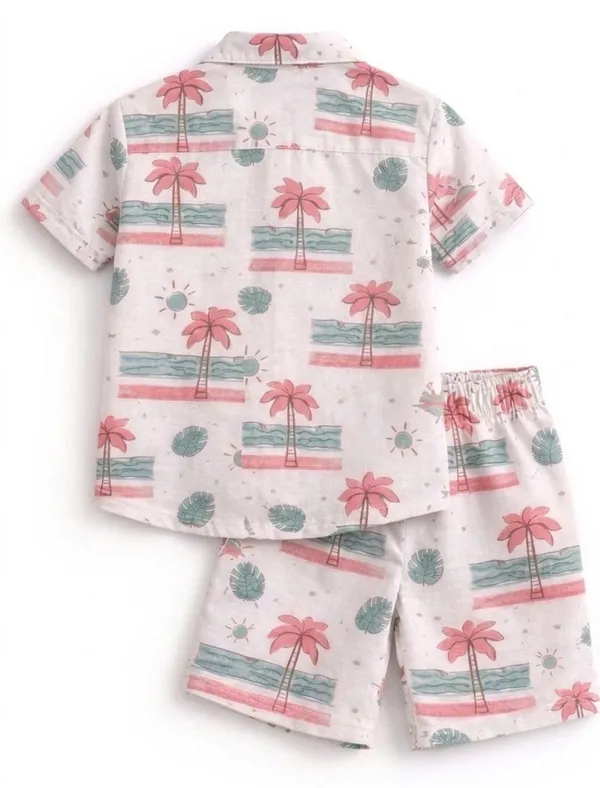 White_Palm_Print_Shirt_And_Shorts_Set_for_Boys