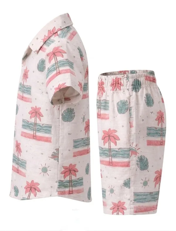 White_Palm_Print_Shirt_And_Shorts_Set_for_Boys