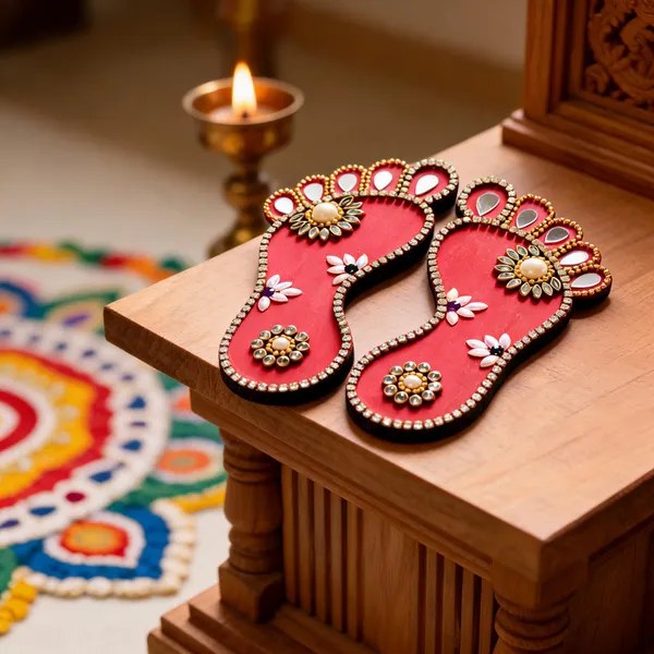 Pine_Mdf_Red_Embellished_Floral_Charan_Paduka_Pair_Set_Of_1